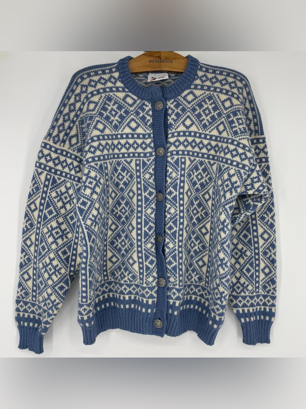 Vintage VOSS Nordic Cardigan Sweater Womens Sz. L Blue White Norway men’s 44